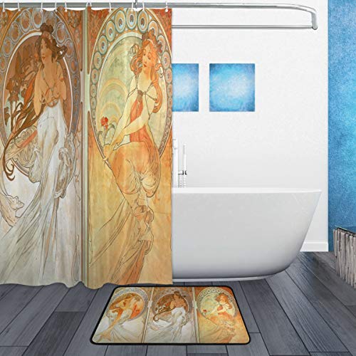 Djrow Comics Ink Art Nouveau Shower Curtain And Bath Mat Set,Includes 72"X72" Bathtub Waterproof Decorative Curtains And 23.6"X15.7" Floor Mat #TOP1