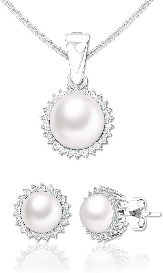 Sterling Silver White Freshwater Pearl Sparkling 6.1 Carat Cubic Zirconia Push Back Stud Earrings Pendant Necklace Set Jewelry for Women