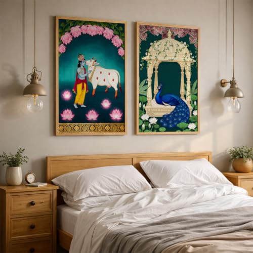 Image of TheMakerly Traditional Indian Wall Painting Set of 2 | Radha Krishna Wall Art Frames | Vintage Religious Wall Decor for Living Room Bedroom Home Temple (KR05, 13x19 inches)