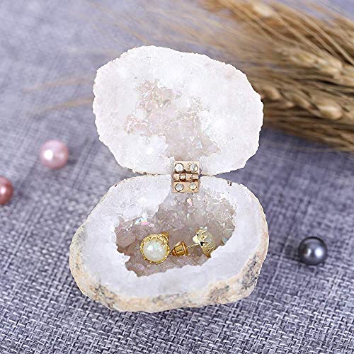 PASBAS Crystal Geode Ring Box, 100% Natural Crystal Cluster, Titanium Coated Quartz Ring Holder for Proposal, Engagement, Wedding, Keepsake, Agate, Quartz, Ring Holder, DÃ©cor,Artwork,as gifts (white)
