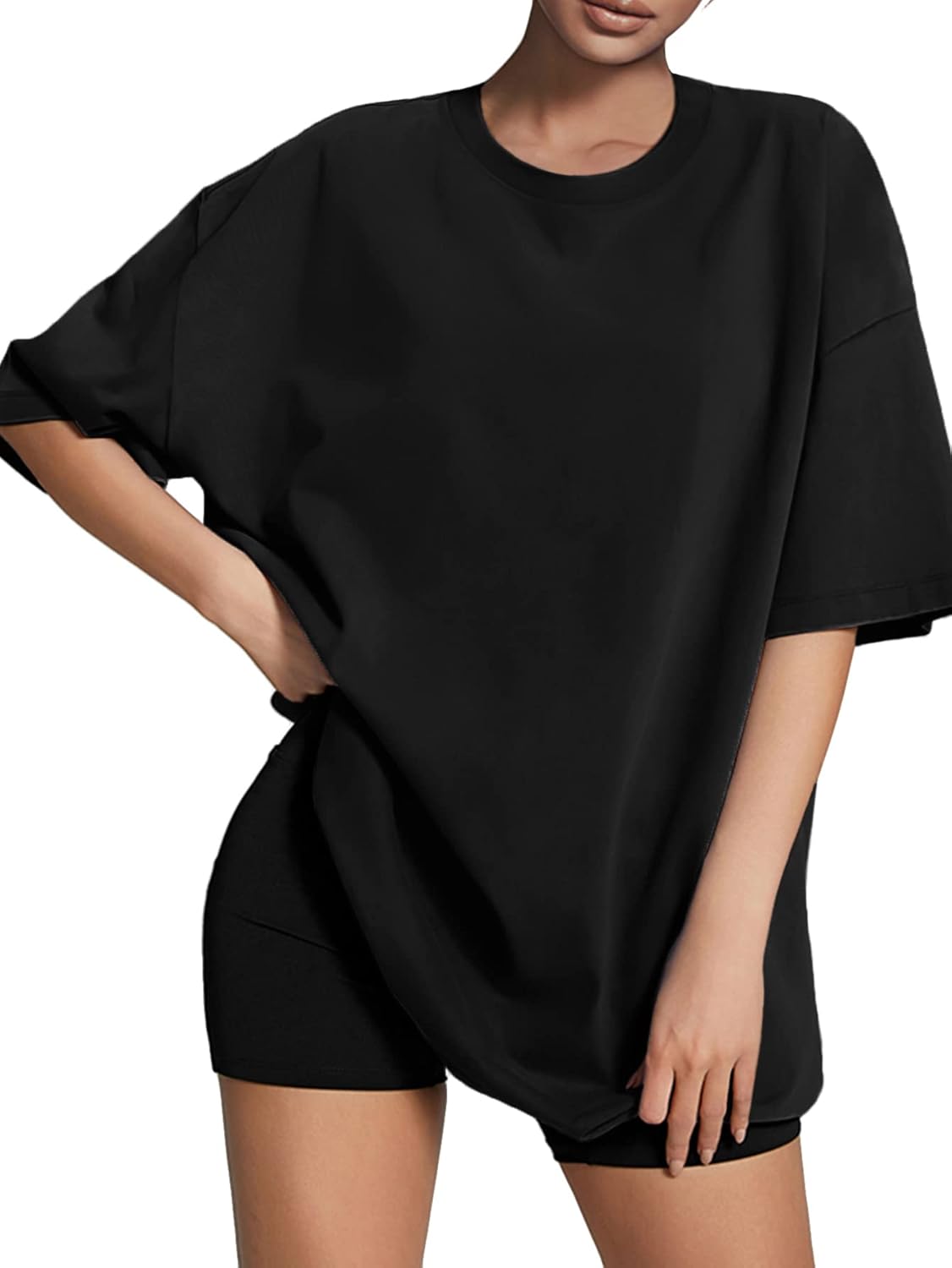 ATHMILE Womens Oversized T Shirts Loose Fit Crewneck Short Sleeve Tops Summer Casual Blouse 2023 Y2K Basic Tee Black