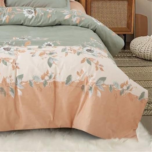 Image of DECOMIZER Super Soft Glace Cotton King Size AC Comforter || Blanket || Duvet with 1 King Size Elastic Fitted Bedsheet 72 inchX78 inch Inch and 2 Large Pillow Cover - 4 Piece Comforter Set - Peach Patta