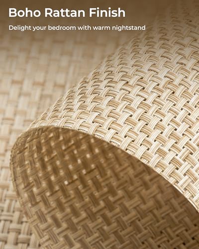 Favoduerme Rattan Nightstand, Boho Side Table with Drawer and Storage Shelf, Bedside Night Stand with Golden Handle, Wooden End Table for Bedroom, Dorm and Small Spaces, Natural — view 5