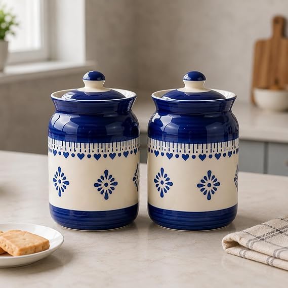 Image of Niyara Multipurpose Storage Ceramic Pickle set Jars with Lid & tray (Set of 4, 300 ml) (blue floral jar set of 2)