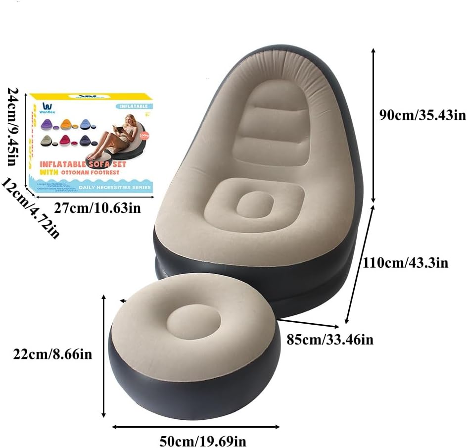 Inflatable Chair with Ottoman for Adults Folding Portable Lazy Sofa with Foot Stool for Camping,Gaming Inflatable Couch for Adults with Flocked Surface with Pump