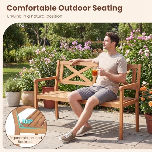 Image of Giantex 2-Person Outdoor Bench, 47 inch Patio Acacia Wood Loveseat with Slatted Seat, Armrests & X-Shaped Backrest, Wooden Garden Seating for Backyard, Porch, Deck, Poolside