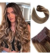 18 Inch Clip in Hair Extensions Real Human Hair Balayage Brown Mixed Caramel Blonde Highlight Hai...