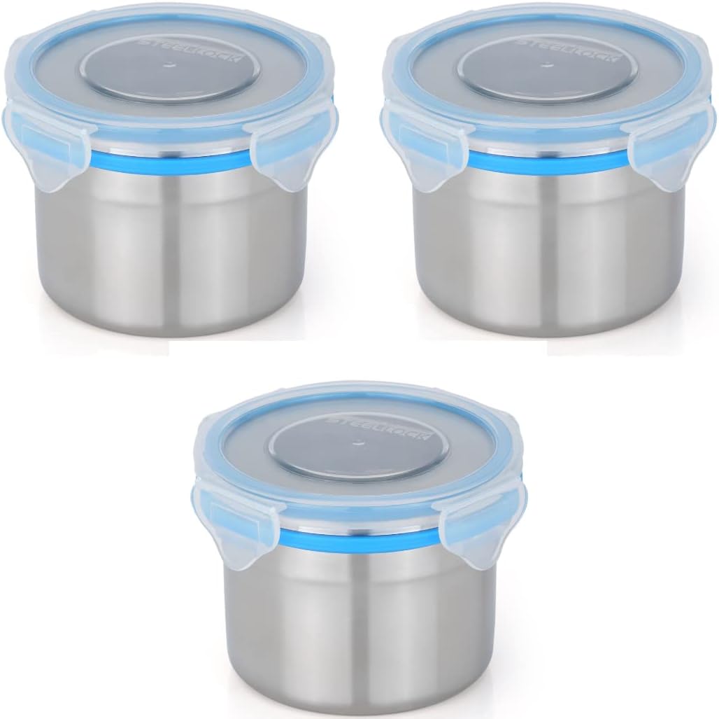 STEELLOCK Stainless Steel Container/Dabba with 4 Side Clip Lock see through Lid for Office & School Use/Food Grade/Air Tight/Easy to Carry/Leak Proof (SL-1202-3pcs X 350 ml, Blue)