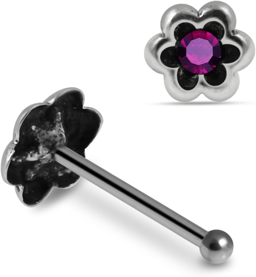Crystal Stone Oxidized Flower 22 Gauge 925 Sterling Silver Ball End Nose Pin - Nose Stud - Tiny Nose Ring - Nose Piercing Body Jewelry