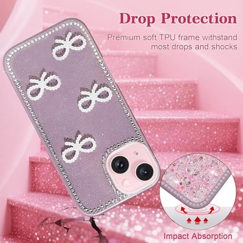 Image of DIZORO Compatible for iPhone 13 / iPhone 14 Cover 6.1, Luxury Diamond Cute with Bow Glitter Bling Case with Full Camera Protection PC+TPU Glossy Shiny Back Cover Case for Girls Women (Lavender)