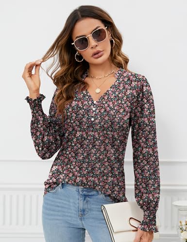 Rapbin Womens V Neck Puff Long Sleeve Button Down Tunic Blouses Fall Tops 2025 Ruffle Cuffs Dressy Casual T-Shirts2