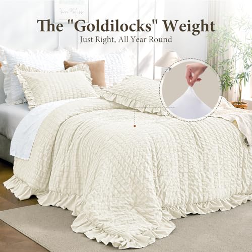Image of JOLLYVOGUE Ivory King Comforter Set, 3 Pieces Seersucker Comforters King Size, Lightweight & Fluffy Bedding Sets King for All Season with 1 Ruffle Comforter and 2 Ruffle Pillowshams