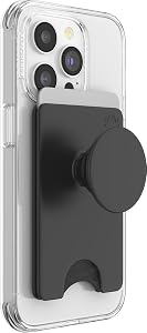 PopSockets PopWallet+ with Swappable PopTop: Phone Grip, Phone Stand, and Wallet for Cards, Removable, Black