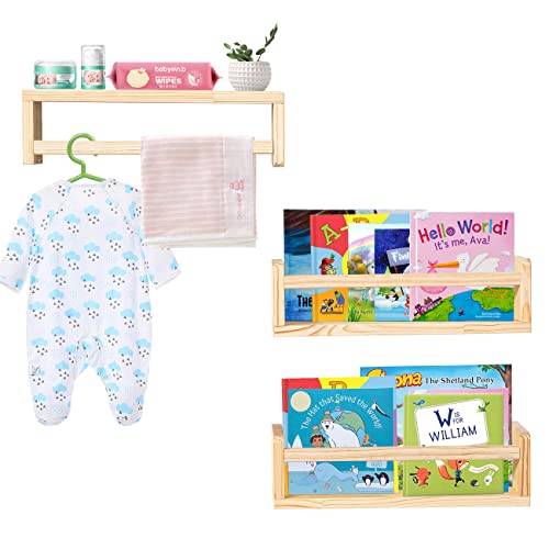 Azsky Wall Bookshelves Nursery Décor Floating Wall Shelf Natural Wood Wall Mount Children's Comic Books Toy Storage Organizer Photo Picture Display Rack Shelves Set Of 3 #TOP3