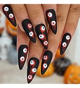 Kikmoya Halloween Press on Nails Medium Stiletto Black Fake Nails with Bloody Eyeball Design Stic...