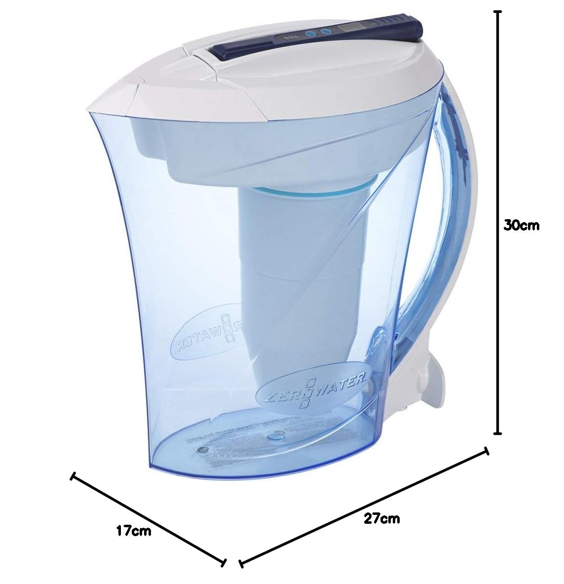 ZeroWater Jarra filtradora de agua de 2,4 L, Libre de BPA y NSF certificada para Reducir la Cal el Plomo y Otros Metales Pesados, Medidor TDS y Cartucho Incluido