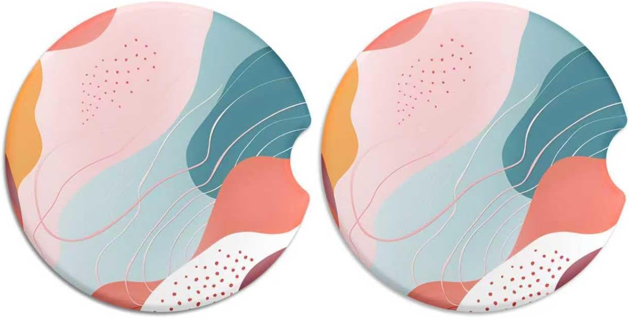 Rueneaj 2 Pack Ceramic Car Coasters for Cup Holder, 2.56 in Anti Slip Absorbent Coaster with Cork Base and Finger Notch, Funny Cute Car Accessories for Women, Boho Lines