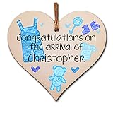 Personalised Handmade Wooden Hanging Heart Plaque Gift Congratulations on the arrival of new baby new parents present blue nursery wall decoration crayon style