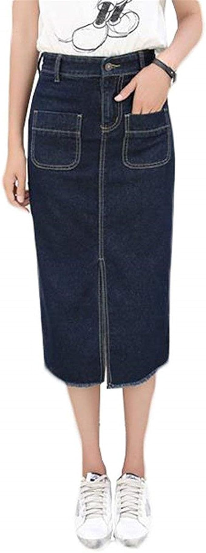 Amazon もうほうきょう レディース デニム スカート ロング タイトスカート ペンシル 夏 無地 ひざ丈 タイト スリット ハイウェスト ストレッチ カットオフ カジュアル シンプル 大きいサイズ スカート 通販