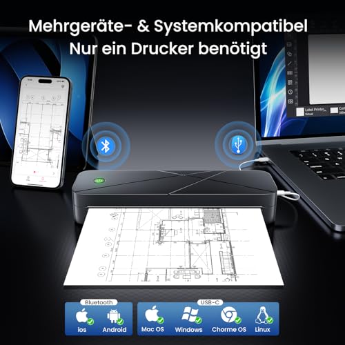 TATTMUSE Thermodrucker A4, 300DPI Portabler Printer, Mobiler Drucker a4 Für Unterwegs, Tragbarer Drucker für Phone, Laptop, Unterstützt Thermopapier