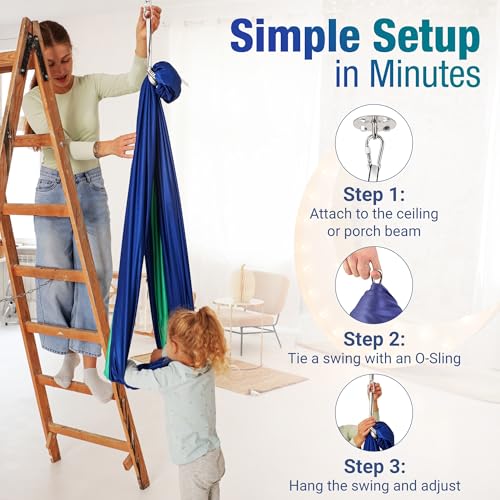 Flexifun Sensory Swing for Kids Navy/Green | Indoor Swing for Kids Made with Soft & Durable Polyester | Includes Carabiner & Screws for Easy Installation | Suitable for Sensory Activities - Image 7