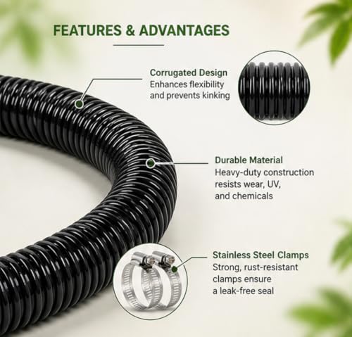 Image of Pond Hose 2 inchID x 25ft Black Corrugated Flexible Pump Tubing & 2 Clamps