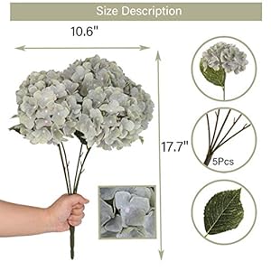 Jims Cabin Artificial Flowers Silk Hydrangea Arrangements with 5 Big Heads Fake Flower Bunch Bouquet for Home Wedding Party Decor DIYMint Green