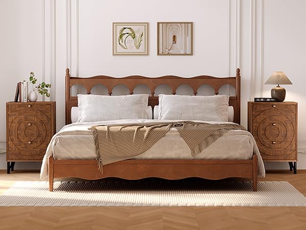 Image of HOMPUS 3-Drawer Nightstand Set of 2, Hand-Carved Brown Concentric Circles Nightstand, Mid-Century Modern Chest of Drawers, Wood Bedside Tables with 3 Drawers, Tall Accent End Tables for Bedroom