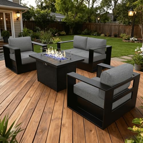 Image of LayinSun Oversized Aluminum Outdoor Furniture Set, 4 Piece Patio Sofa Sets with Fire Pit Table, Deep Seating and Upgraded 6-inch Cushions for Porch, Balcony, Deck