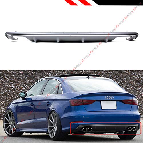 Cuztom Tuning S3 Style Quad Exhaust Shark Fin Rear Bumper Diffuser Lip Compatible for 2013-2016 Audi A3 4 Door Sedan 8V