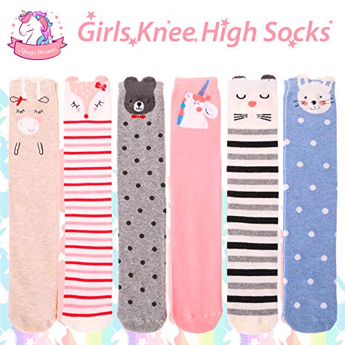 Girls Knee High Socks Soft Warm Cotton Lovely Novelty Socks Cute Animal Pattern 6 Pairs (3-12 Years Old, Animal C)