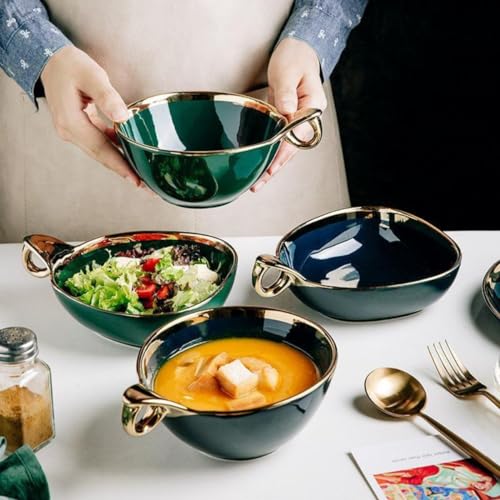 Image of Smokey Cocktail Royal Green with Gold Rim Pack of 1 Snacks Bowl for Serving Noodle | Maggie | Mixing Pasta Bowl | 500ml Capacity (Lid Not Included)