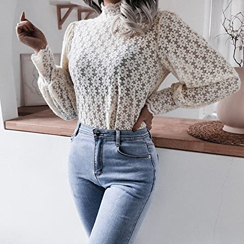 Domary Blusa feminina sexy cor sólida floral rendado gola manga comprida lanterna manga comprida ele