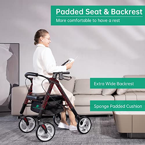 Beyour Walker Heavy Duty Rollator Walker With Extra Wide Seat And Backrest, Bariatric Rolling Walker, 10” Wheels, Supports Up To 500Lbs, Fully Adjustment Frame For Seniors, Flame Red #TOP2