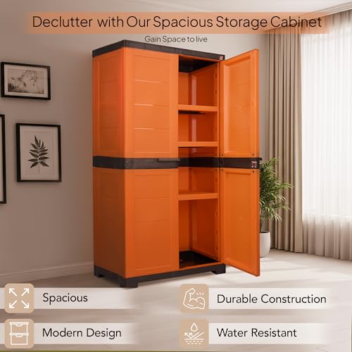 Image of Cello Novelty Big Bookshelf, Orange & Brown | 2 Dustproof Doors | Space Saving Cupboard | Plastic Book Shelf | Multipurpose Book Shelf for Home, Office | Book Organizer for Library