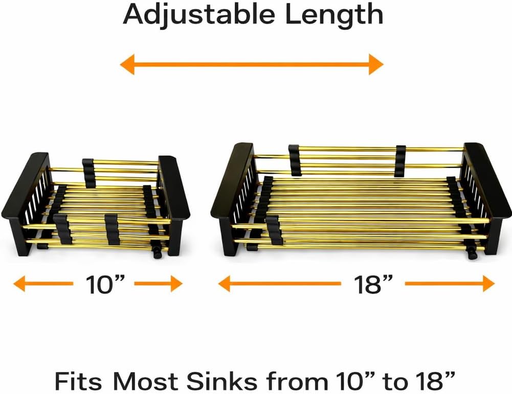 Gold Expandable Dish Drying Rack Over the Sink, Adjustable Stainless Steel Sink Drying Rack for Plates, Bowls & Utensils, Space-Saving Kitchen Counter Drainer(10-18 in)