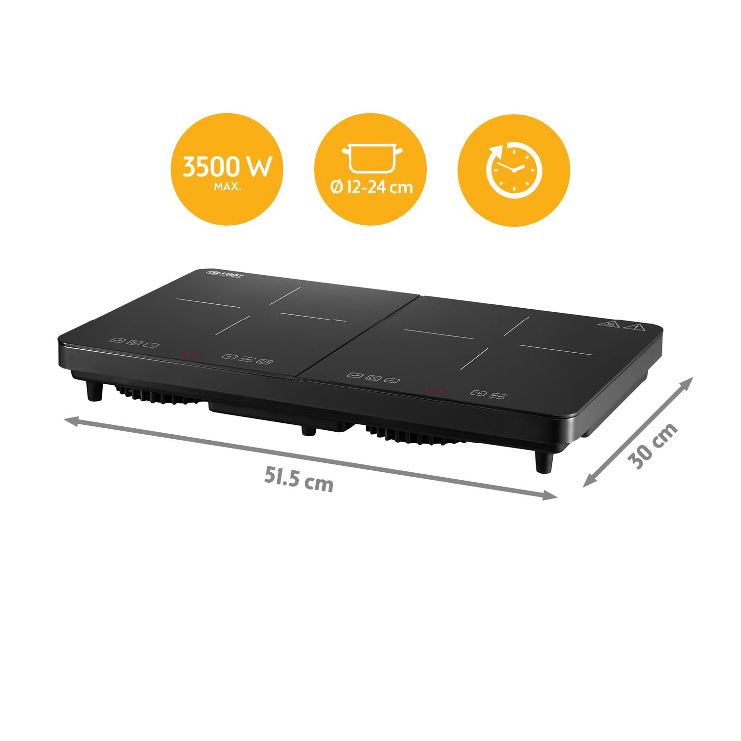 TZS First Austria - Induktionskochplatte doppelt - 3500W - 2er Glaskeramik-Herdplatte - 10 Leistungsstufen, Timer, Kindersicherung, LED-Display, Touch-Bedienung, Überhitzungsschutz - Camping, mobil