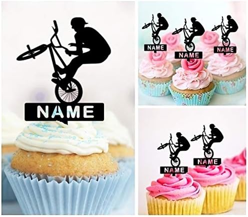 TA0074 Bicycle Boy Extreme Silhouette Party Wedding Birthday Acrylic Cupcake Toppers Decor 10 pcs with Personalized Your Name
