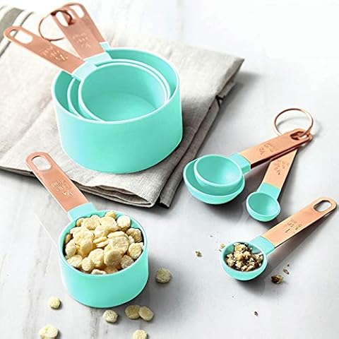 Measuring Cups and Spoons Set for Baking Cup Measurement Jugs Plastic Stackable Nesting Plastic Measuring Cup and Spoon with Rose Gold Stainless Steel Handle Teal Cover