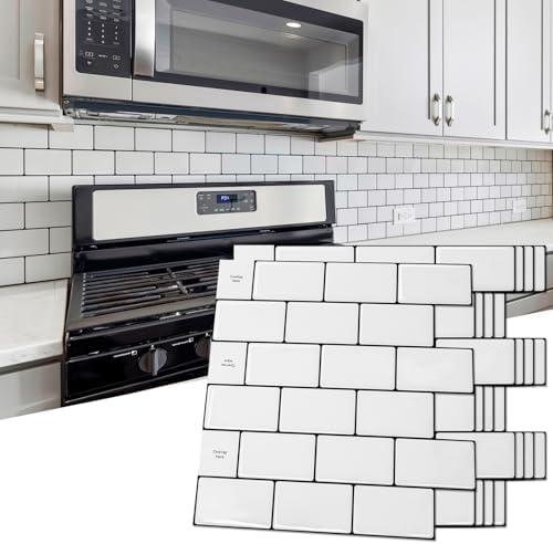 Art3d 10-Sheet Backsplash Tile for Kitchen Peel and Stick, 12"x12" Stick on Subway Tiles for Kitchen, Bathroom Back Splashes, White-Black Grout