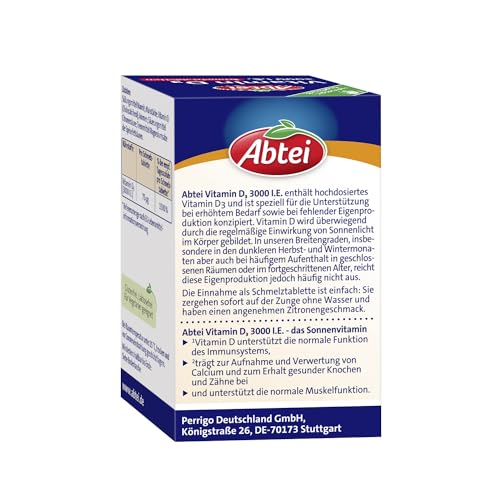 Abtei Vitamin D3 3000 I.E. - unterstützt Immunsystem und Knochen - laborgeprüft, glutenfrei, laktosefrei und vegetarisch - 75 Schmelztabletten mit Zitronengeschmack