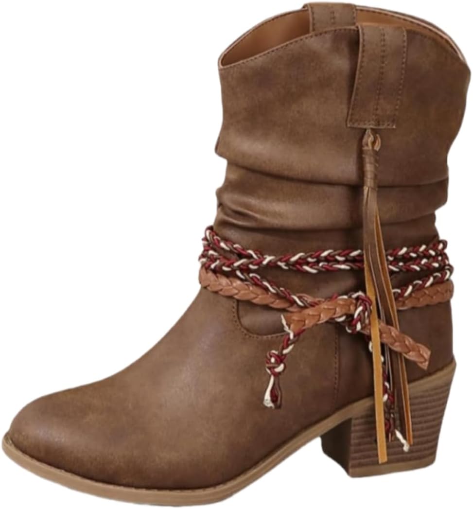 Women's Ankle Boots Chunky Heel Ankle Booties with Side Tassel Strap and Braided Rope Tie Vintage Western Boots for Ladies - Bohemian, Casual, Formal Outfits