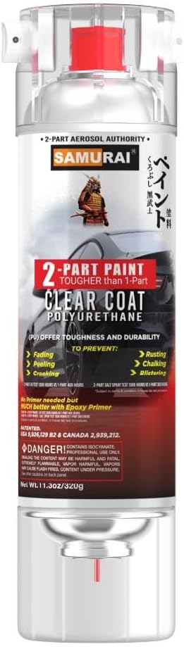 SAMURAI 2-Part Polyurethane Spray Paint Clear Coat for Car - 11.3 Ounce UV Resistant and Rust Resistant Polyurethane Spray (Clear, Pack of 1 Can)