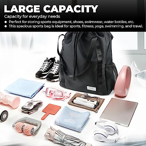 Drawstring Backpack Bag Water-Resistant Large String Cinch Bag with Wet Pocket & Long Handles Gym Bag Sports Beach Sackpack, Black4