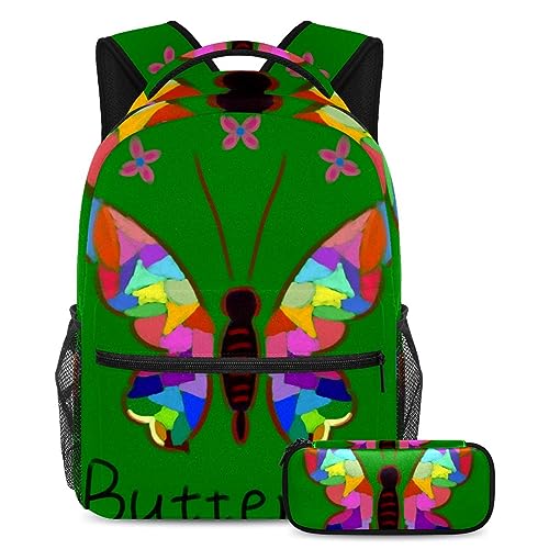 Sac à dos papillon arc-en-ciel multicolore léger avec trousse assortie 2 pièces