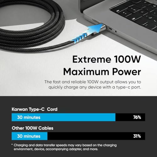 Image of KARWAN 100W Original USB Type C to Type C Cable [2Yrs Warranty] 5A Nylon Braided PD-3.1 Fast Charging & Data Sync Cable with E-Marker Chip for Laptops,Macbook,Tablet,iPhone,Android Smartphone & More