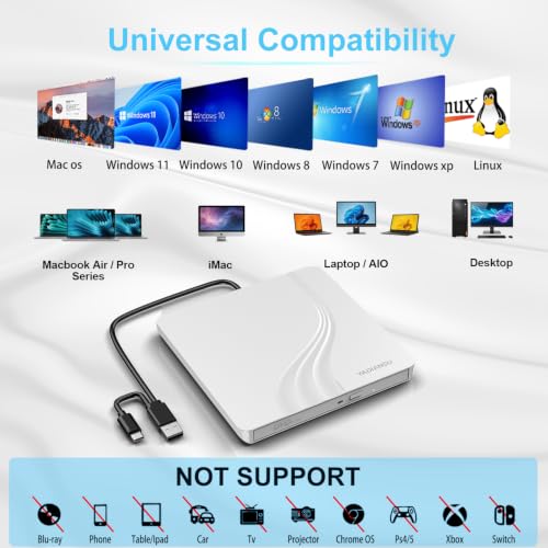 Image of External CD DVD Drive, 0.5″ Ultra Slim USB 3.0 Type-C DVD Player, CD DVD+ /-RW Optical Drive, Portable DVD CD Burner Reader Writer Recorder for Laptop, Desktop, Mac, Windows 11 /10 /8 /7, Linux, White