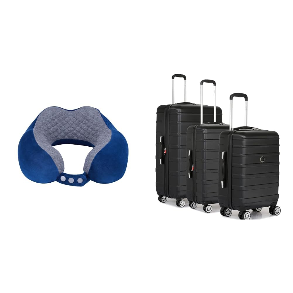 Travel Neck Pillow- Navy + Margot Trolley Bags Set of 3 Cabin, Medium & Large Luggage Premium Hardside Polycarbonate Suitcase 8 Silent Wheels and TSA Lock(Black)-image-49