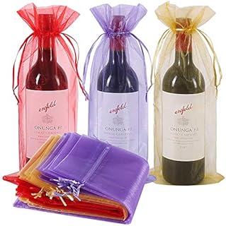 30pcs Wine Bags Organza, Wine Bottle Gift Bag with Drawstring for Wedding Birthday Party Festival Gift Favors Decor (Red+Gold+Purple, 750ML)