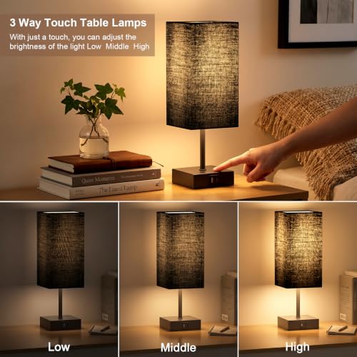 hansang Bedside Table Lamps for Bedroom, Table Lamp with USB C+A Charging Ports, 3 Way Dimmable Touch Control, Small Nightstand Lamps for Home Decor, Living Room, Office, LED Bulbs Included, Black — view 5